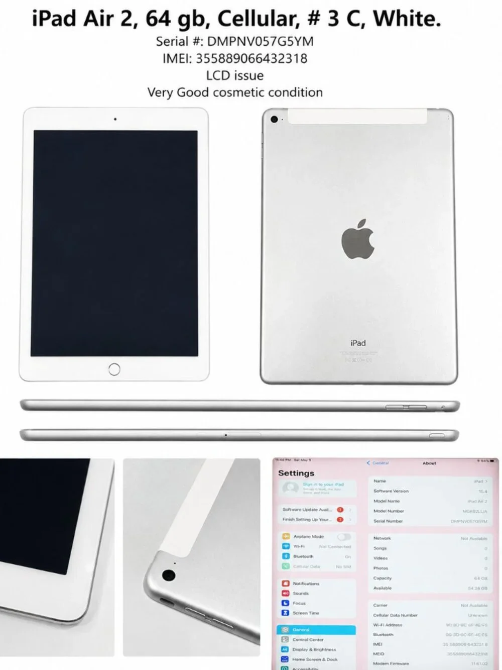 iPad Air 2 64GB Cellular White Fully Functional LCD Issue #3C